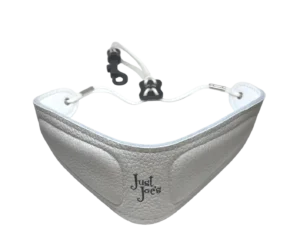 White protective face mask on black background.